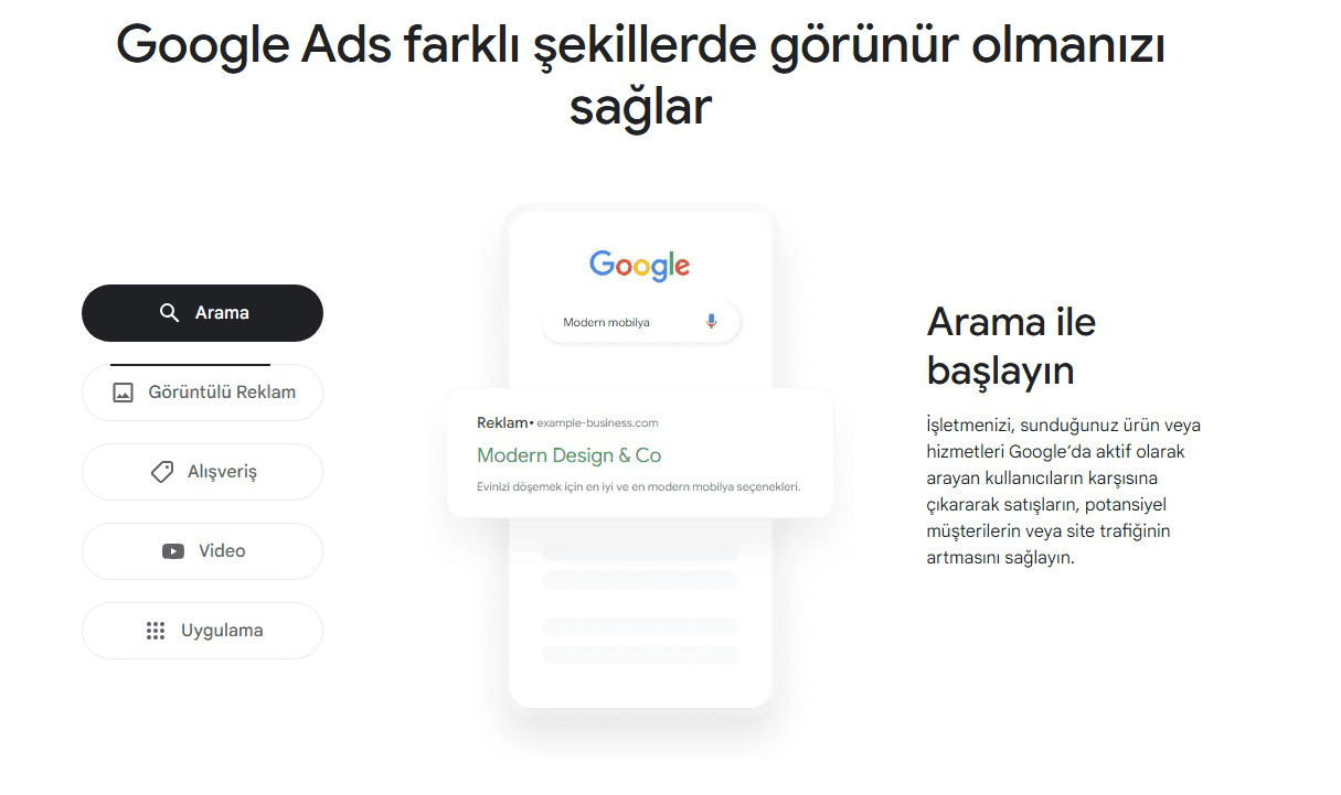 Google ads reklam secenekleri